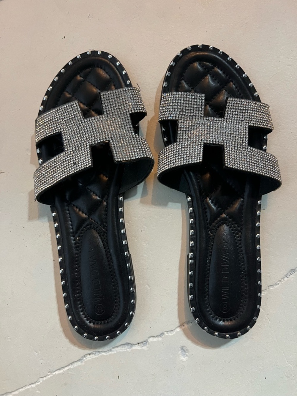 Wild Diva Black Slide Sandals with Silver Rhinestone Straps